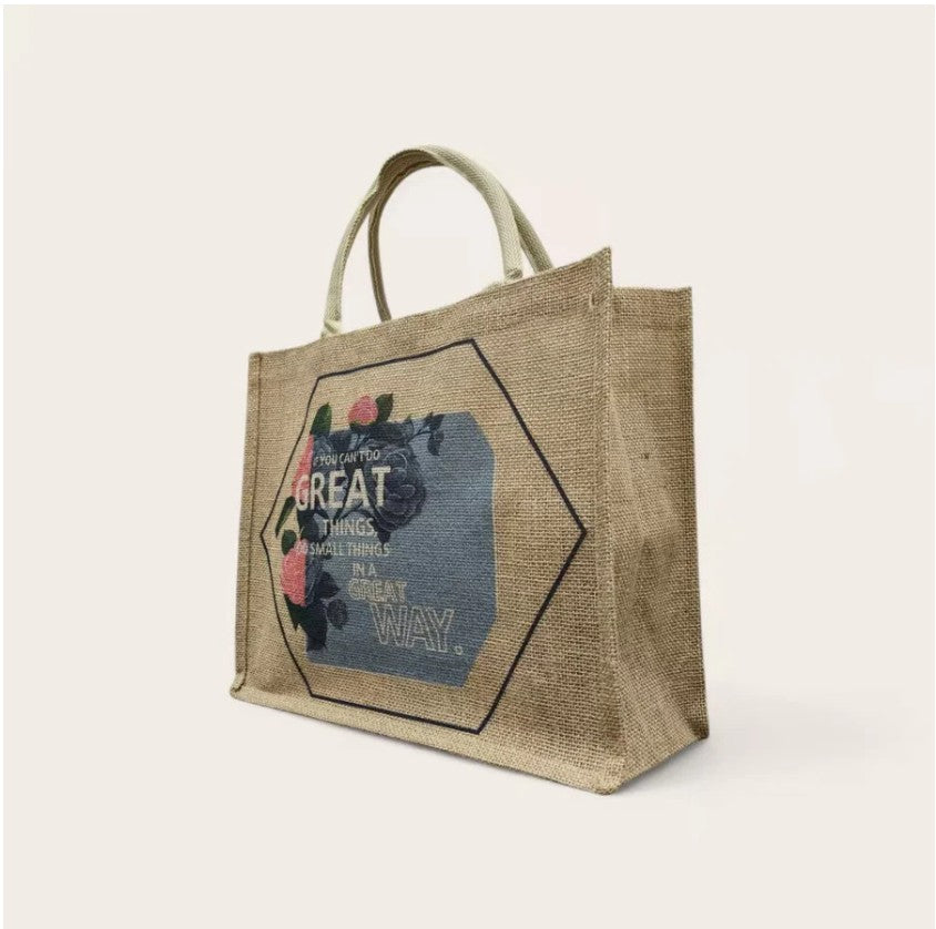 Custom jute bag with grocery shopping showing corporate branding at Singapore supermarket