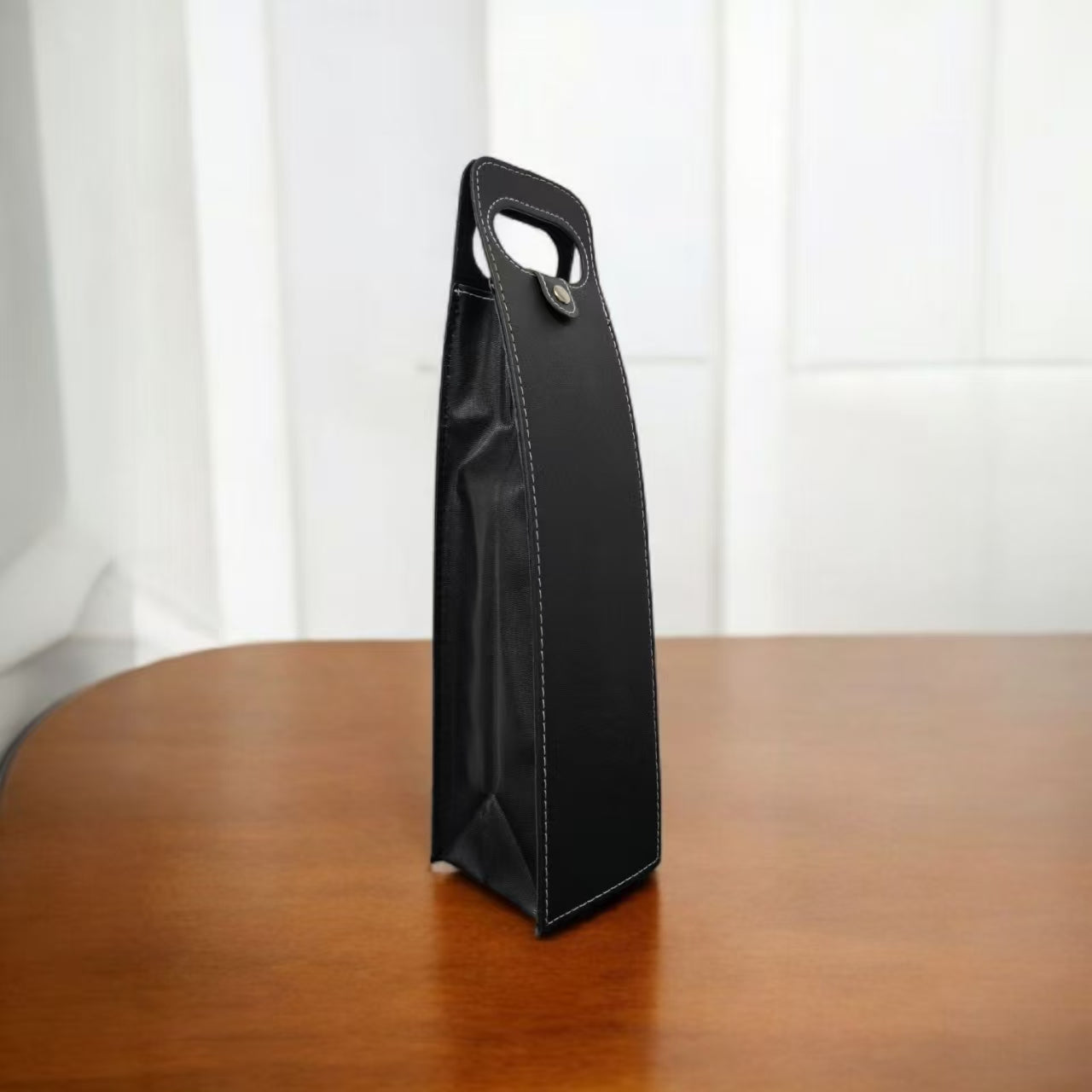 Personalised PU wine bag in professional corporate setting showing branding Singapore