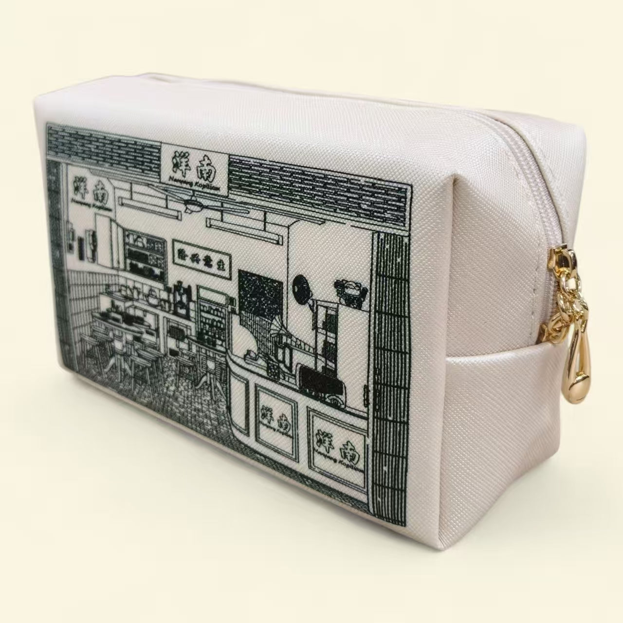 Custom pouch with cosmetics and accessories showing corporate branding at Singapore retail setting