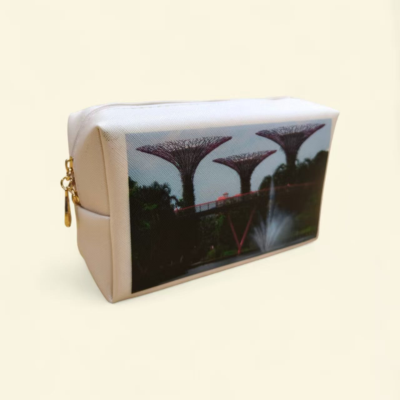 Multiple custom pouches in various colors with corporate logos on modern display