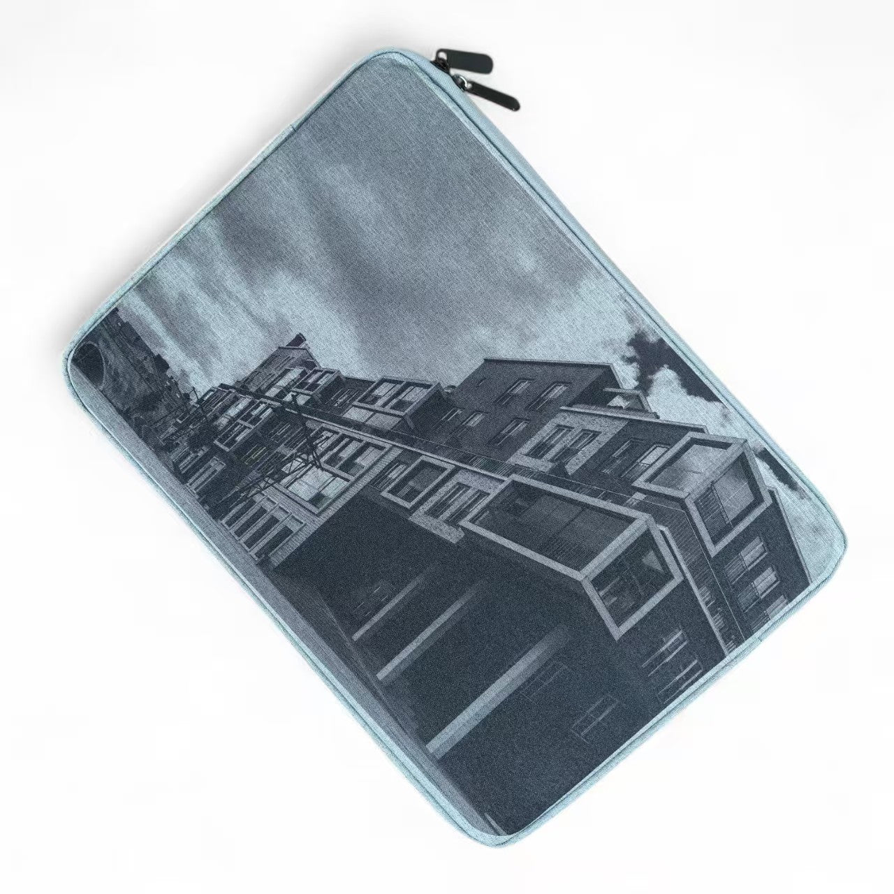 Custom laptop case with professional workspace showing corporate branding on desk