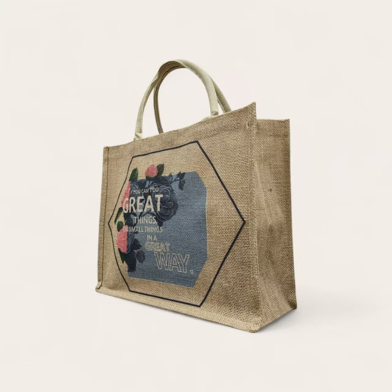Multiple custom jute bags in various sizes with corporate logos on retail display