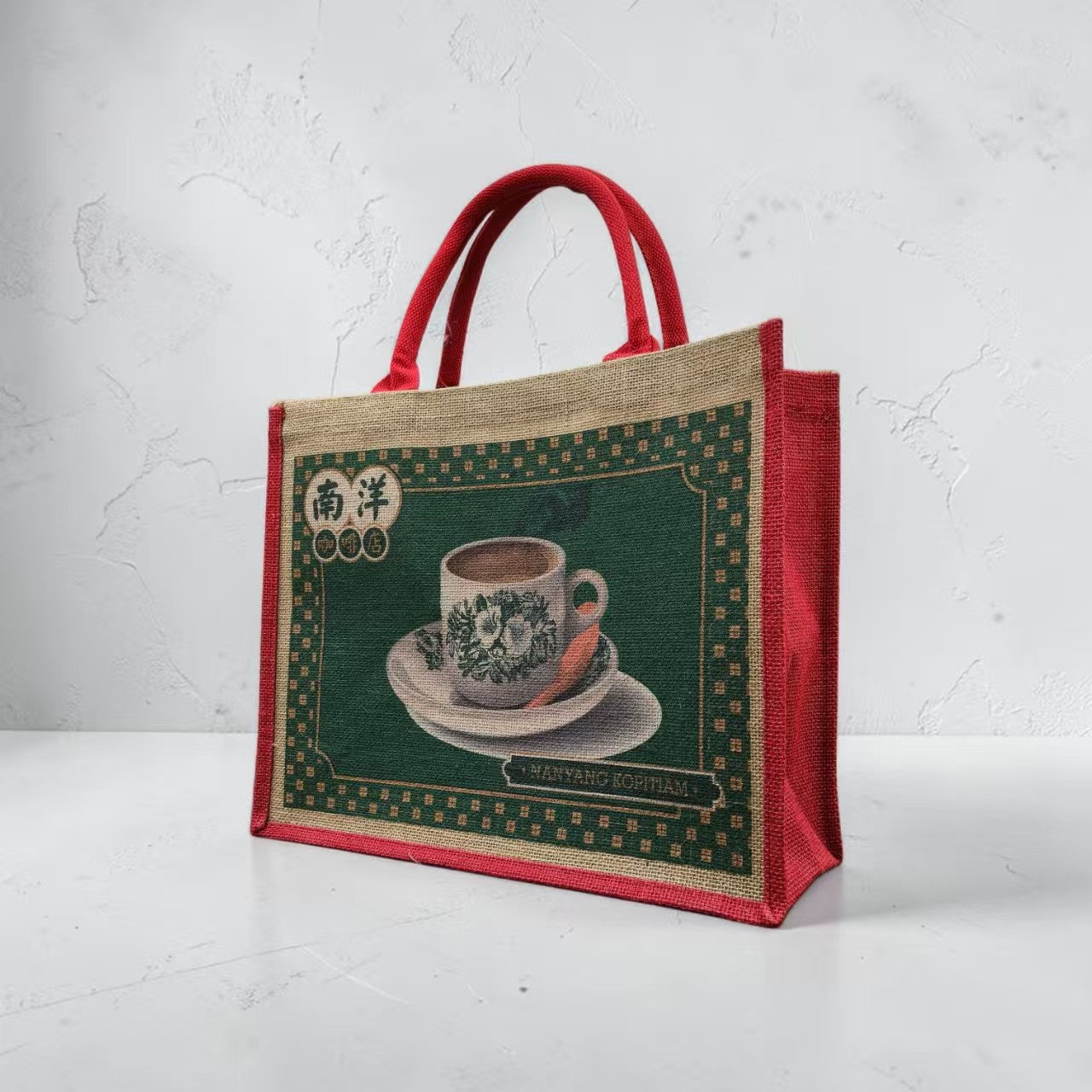 Multiple custom jute bags in various sizes with corporate logos on retail display