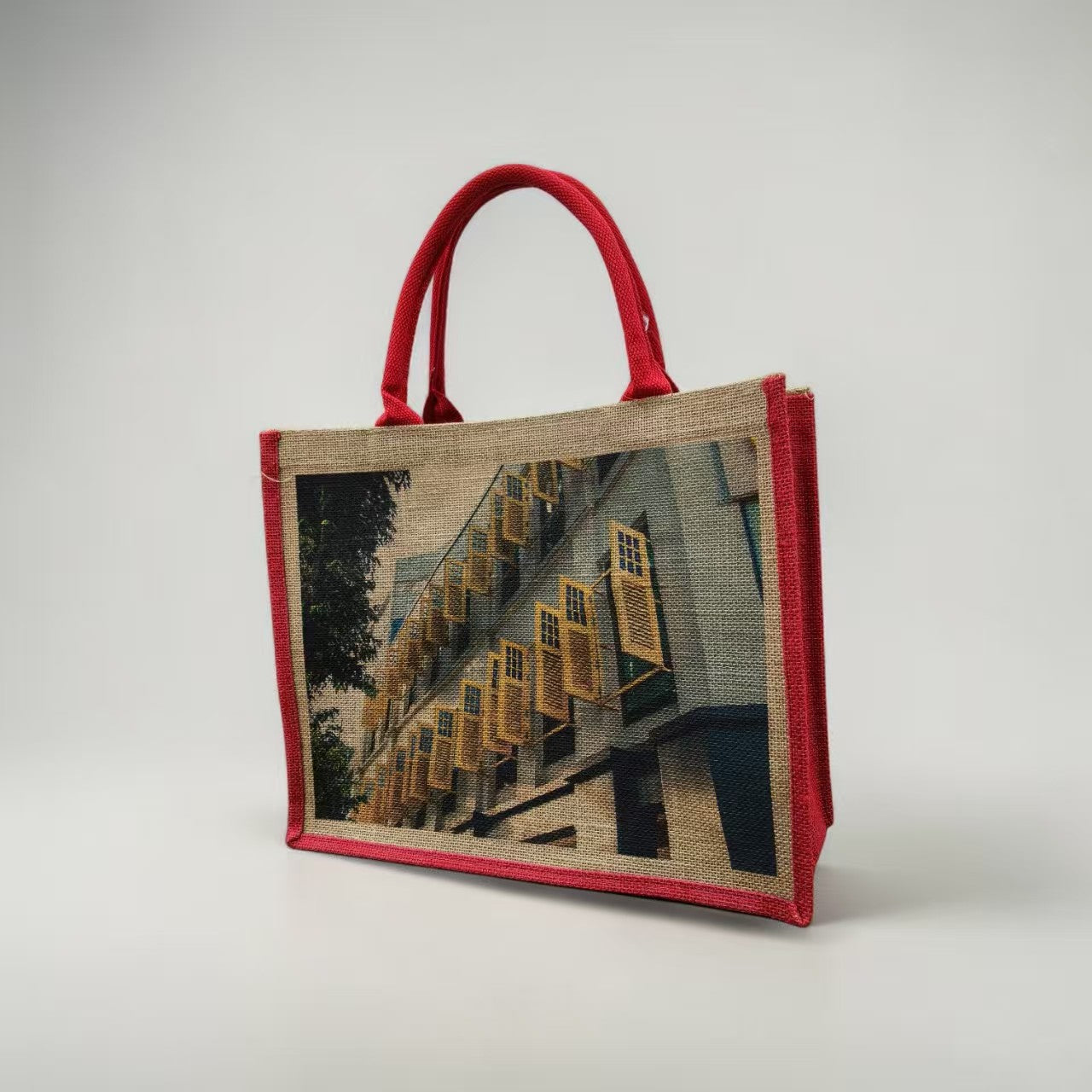 Custom jute bag with grocery shopping showing corporate branding at Singapore supermarket