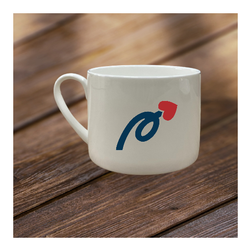 Multiple custom ceramic coffee mugs in various designs with corporate logos on modern office setting