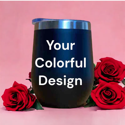 Multiple custom tumblers in various colors with corporate logos on office desk with laptop