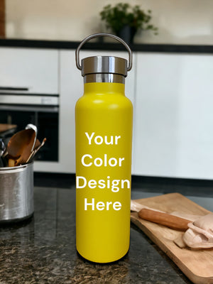Multiple custom thermos flasks in various colors with corporate logos on modern office desk