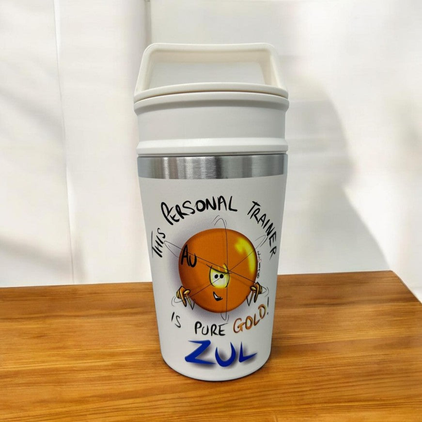 Multiple custom tumblers in various colors with corporate logos on modern office setting