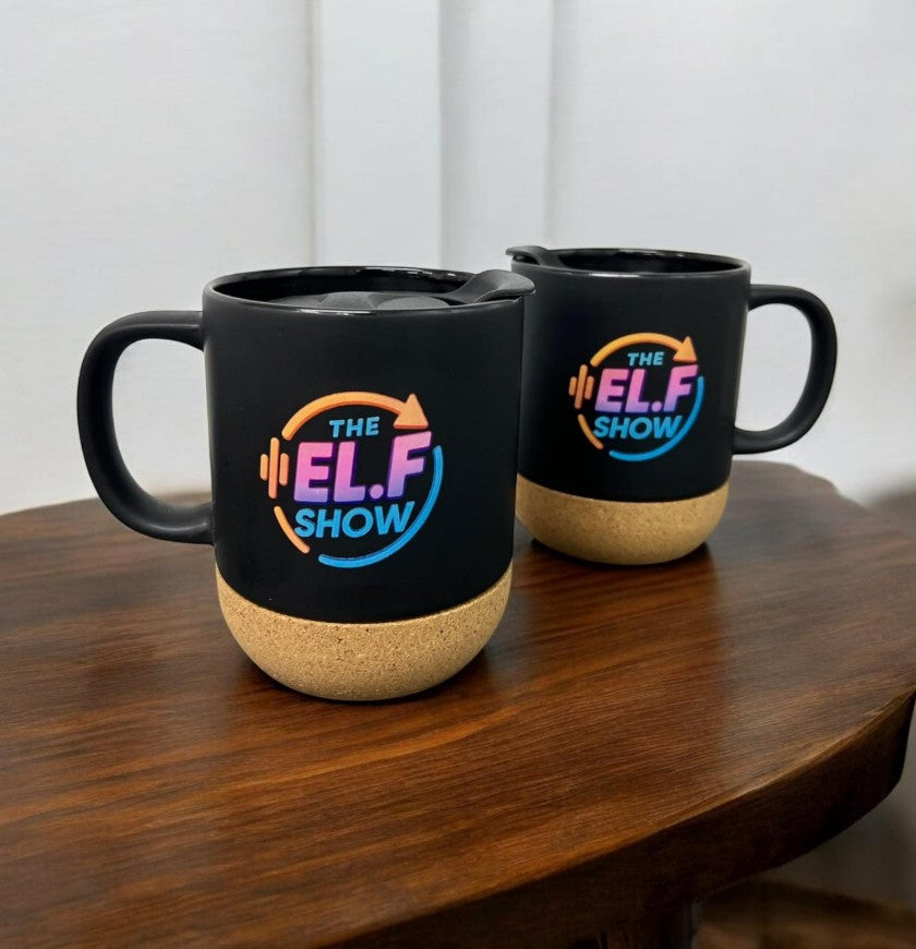 Custom ceramic mug with professional workspace showing corporate branding on office desk