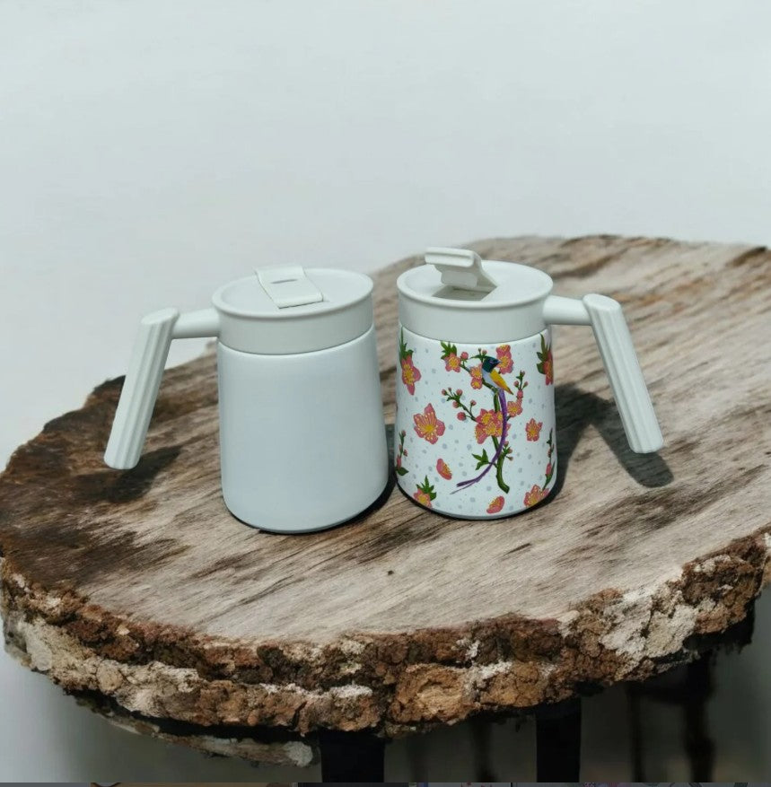 Custom coffee mug with professional workspace showing corporate branding on office desk