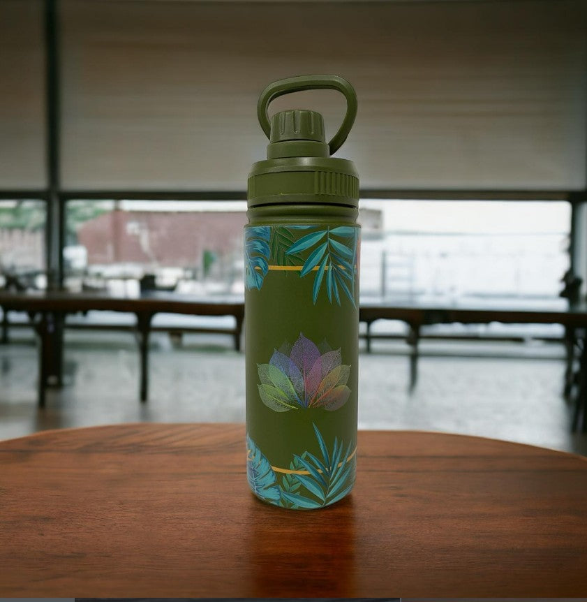 Custom tumbler with professional workspace showing corporate branding on desk