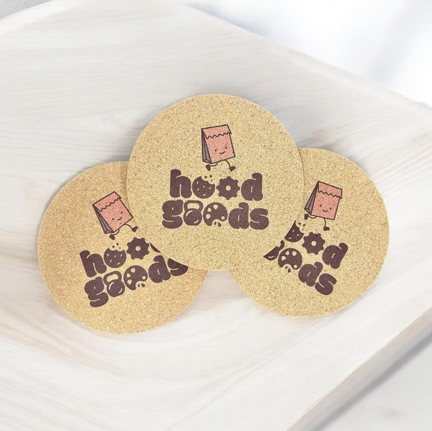 Set of four custom printed eco-friendly diatomite coasters featuring Singapore skyline design with company logo