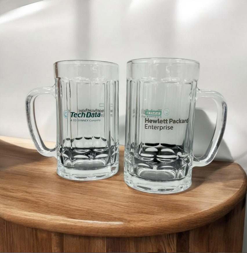 Custom beer mug with corporate branding at Singapore bar and pub setting
