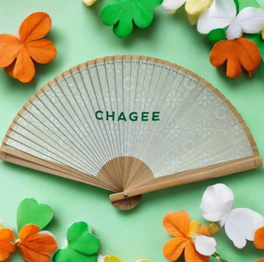 Various custom bamboo fans with different corporate branding designs Singapore