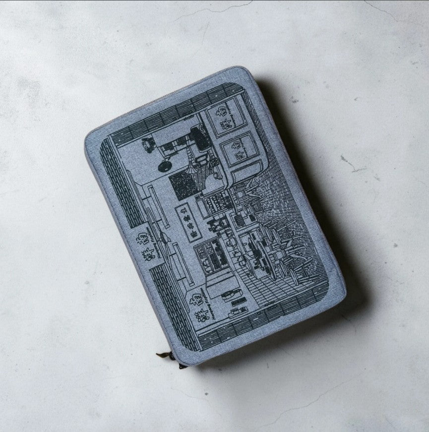 Custom iPad case with professional workspace showing corporate branding on desk