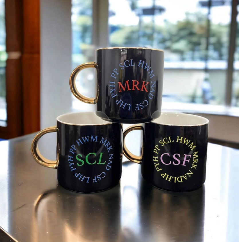 Custom ceramic mug with professional workspace showing corporate branding on office desk