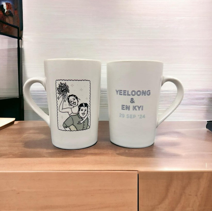 Multiple custom ceramic coffee mugs in various designs with corporate logos on modern office setting