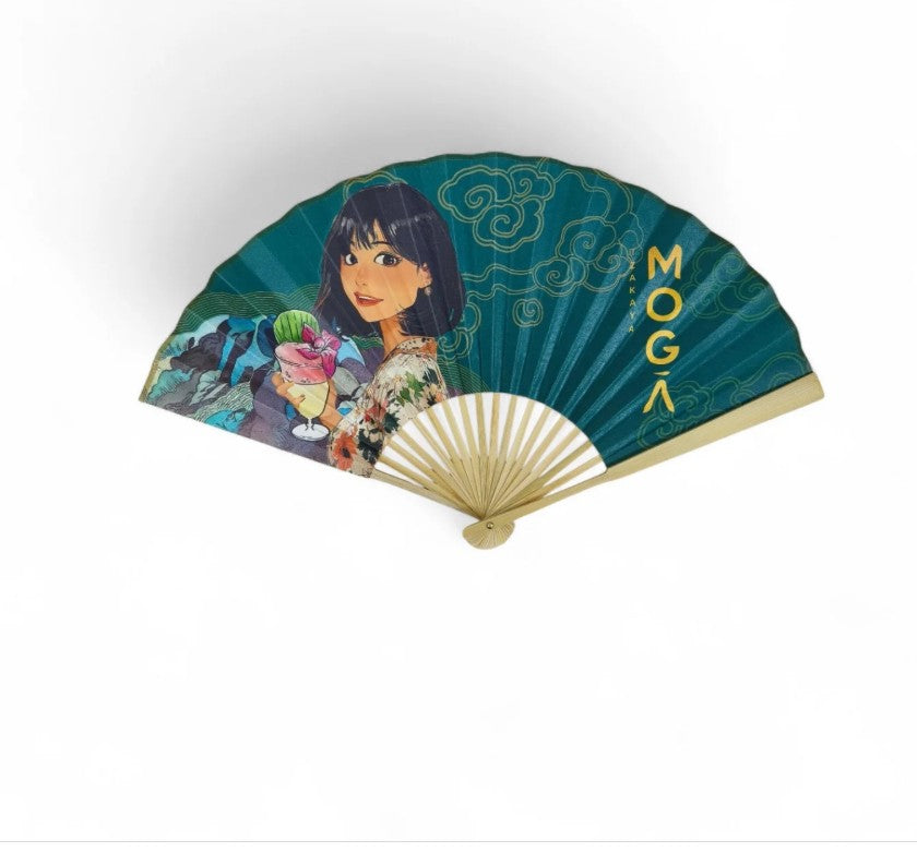 Multiple custom bamboo fans in various designs with corporate logos display Singapore