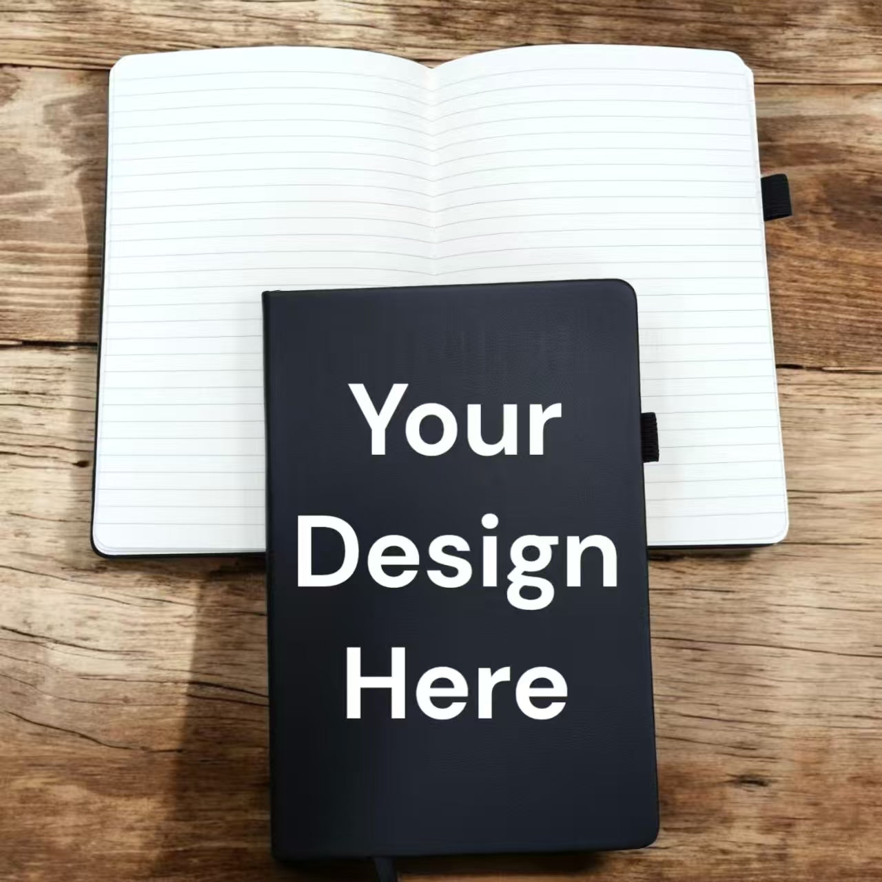 Multiple custom notebooks in various colors with corporate logos on display