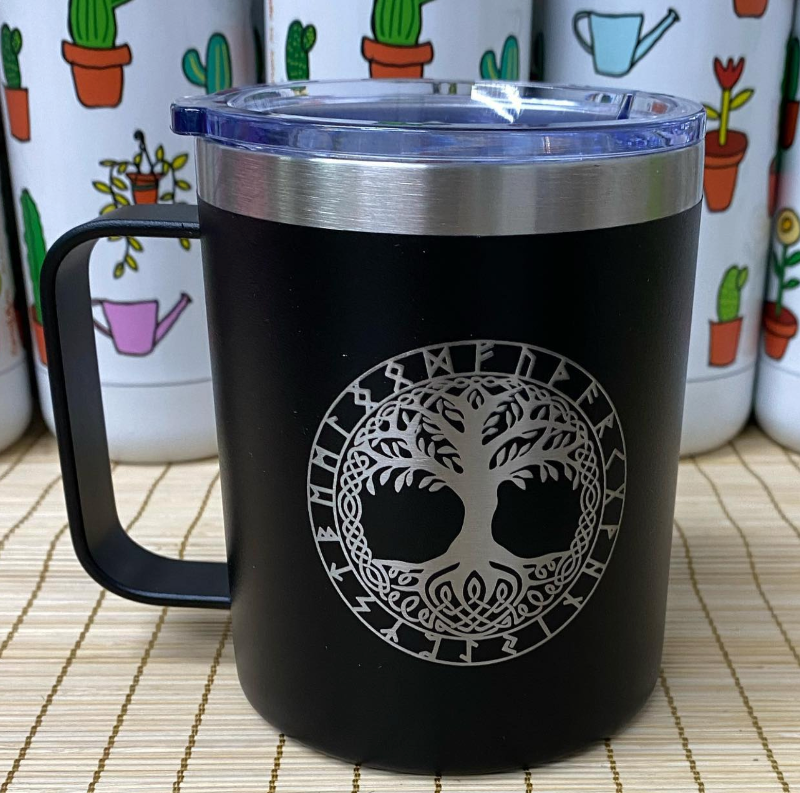 Custom mug with professional workspace showing corporate branding on office desk