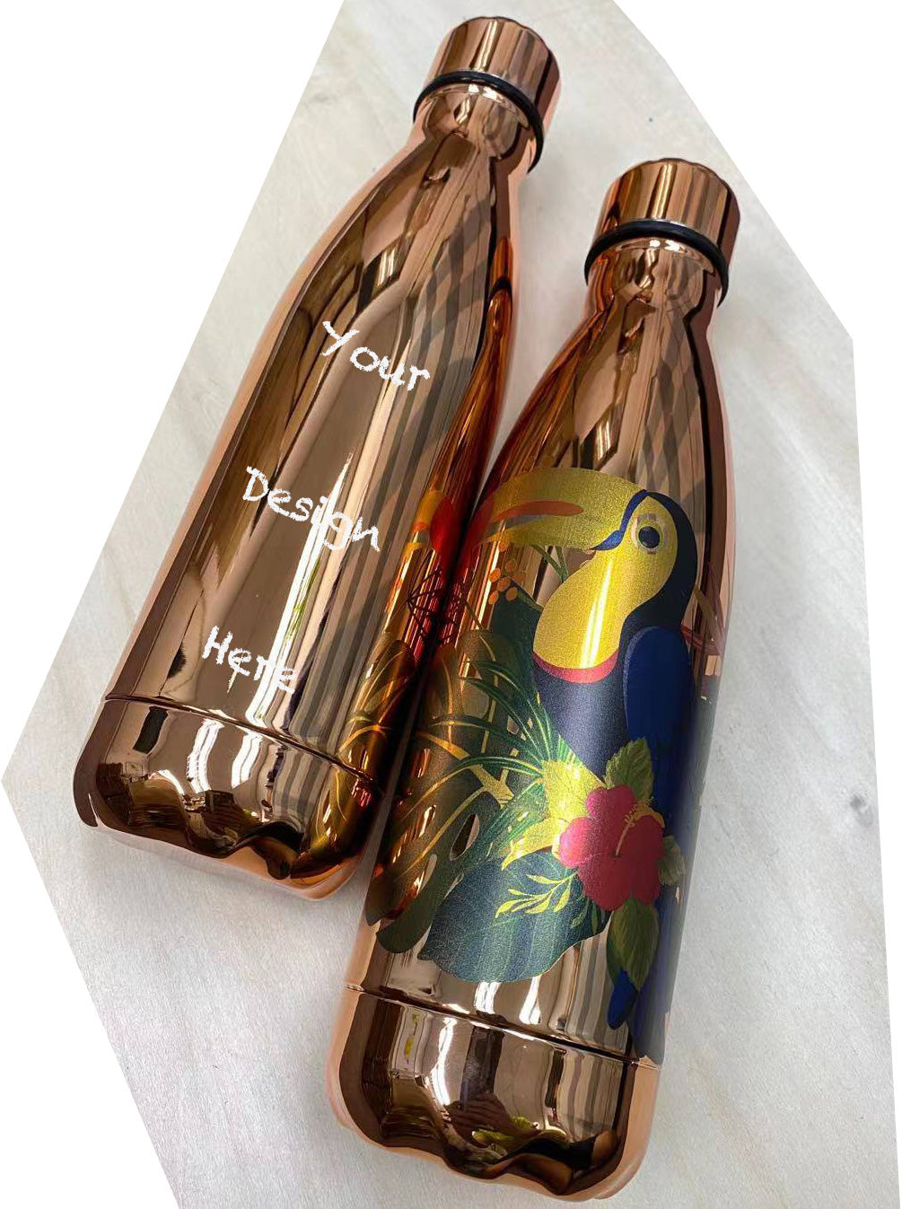 Multiple custom thermos flasks in various colors with corporate logos on modern office desk