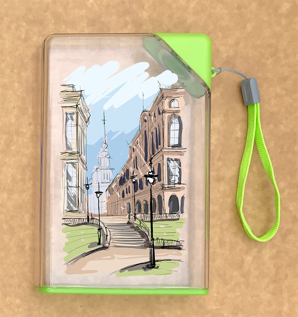 Custom water bottle with flip lid open showing drinking spout on office desk